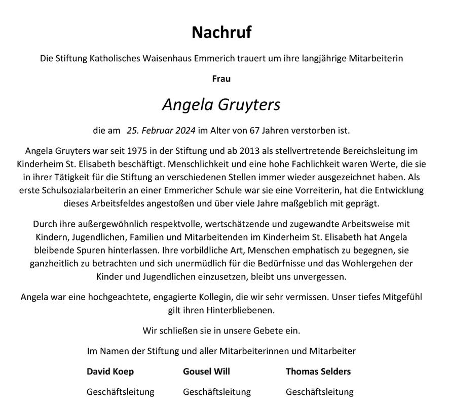 Trauer_Angela | Katholisches Waisenhaus Emmerich